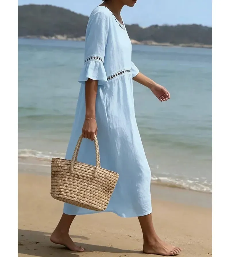 Hollow-out Solid Cotton Linen A-Line Dress Woman O Neck High Waist Loose Dresses Summer Flare Sleeve Beach Vacation Dress — image 3