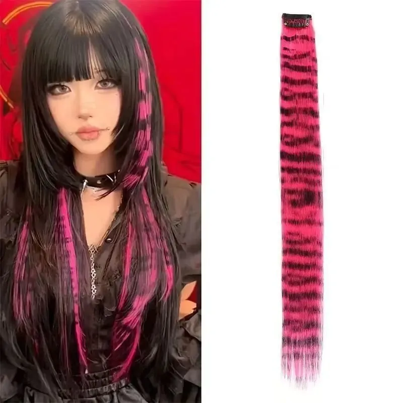6pcs/set Stripe Printed Hair Colorful Long Straight Hair Piece Synthetic Clip-in Hair Extensions Daily Party Halloween Christmas