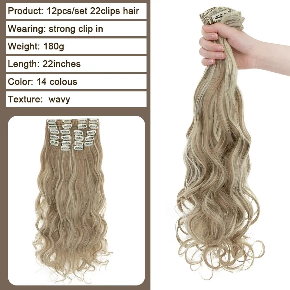 180g 12PCS Wavy Clip in Hair Extensions 22" Long Synthetic Thick Clip On Hair Extensions for Women Full Head Hairpiece — image 2