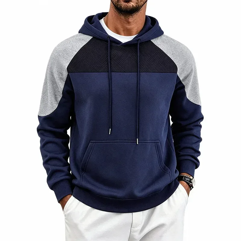 Autumn Winter Men Color Block Raglan Hoodie Textured Chest Panel Drawstring Kangaroo Pocket Loose Casual Streetwear Sweatshirt — image 15