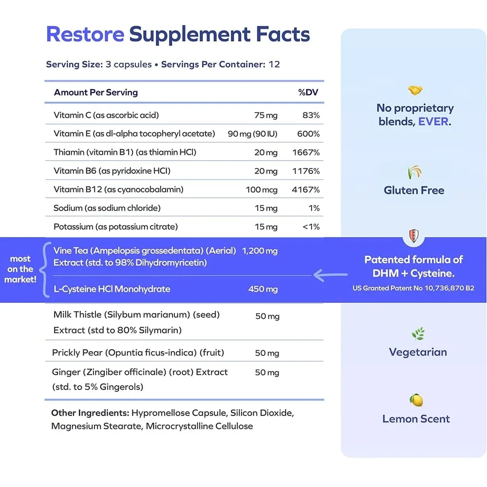 Restore After-Alcohol Aid Drink Supplement with DHM + L-Cysteine - Feel Better After Drinking & Support Your Liver - 36 Capsules — image 6