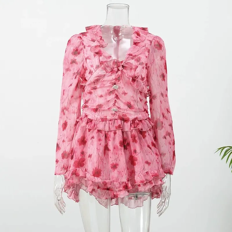 Women Elegant Floral A-line Pleated Dress Sexy Long-sleeved Waist Cinching Ruffle Mini Dresses 2026 Lady Vacation Street Gowns
