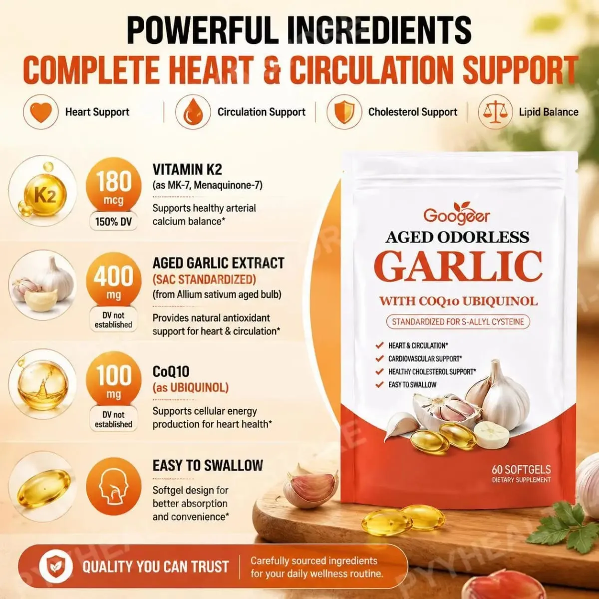 Googeer Aged Odorless Garlic Softgels with CoQ10 Ubiquinol Vitamin K2 MK-7 Heart Circulation Energy Immune Support 60 Count — image 6