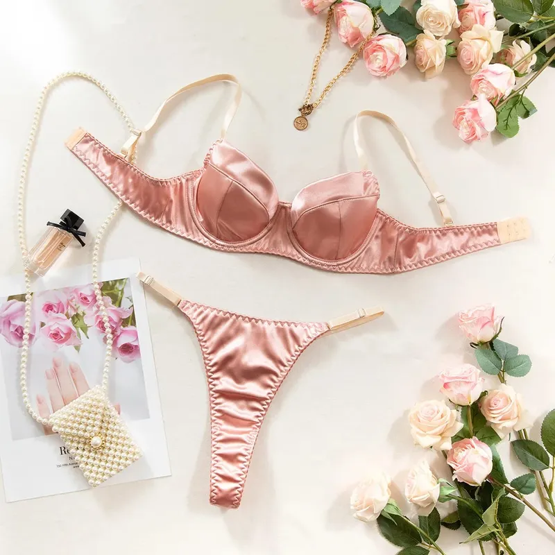 Sexy Luxury Solid Satin Thin Lingerie Girl's Sweet Gathering Bra & Thong Set Female New Fashion Elegant Underwear Daily Life