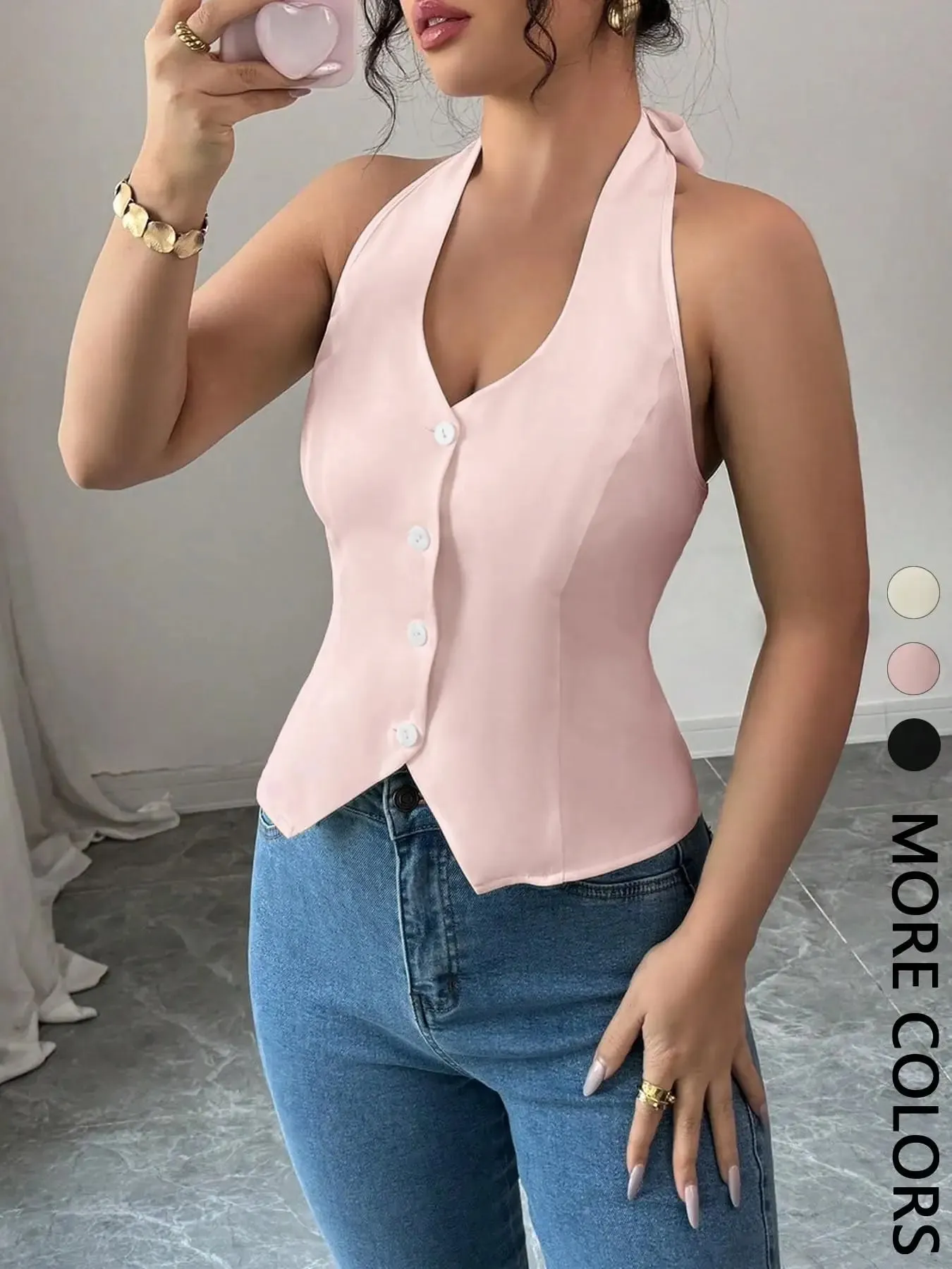Women's Solid Color Casual Button-Up Halter Top Tank Vest One Piece Comfortable Breathable Fashionable Summer Wear — image 5