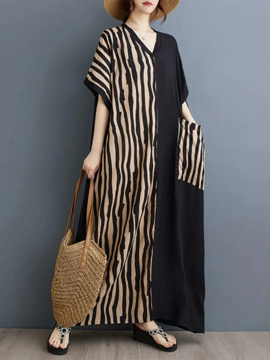 Long V-Ne ort Sve Printed Slimming Cotton Linen Dr Color Blo Casual Loose Fit Summer Faion plus Size Women — image 2