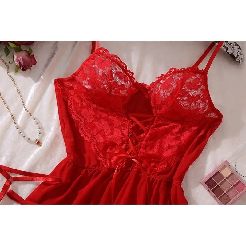 Sexy Bra And Garter Belt Lingerie Hot Red Babydoll Dress Erotic Women Exquisite 3-Piece Sets Thong Nightgown Set With Leg Rings — image 3