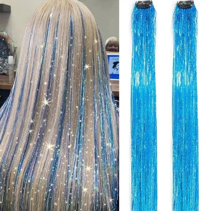 2PCS Synthetic Hair Tinsel Clip in Extensions Colored Sparkle Hair Tinsel Kit with BB Clip for Kids Girls Christmas Party Use — image 16
