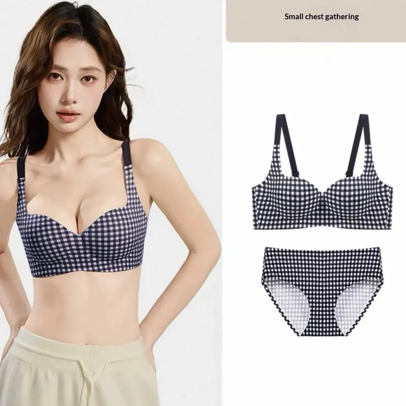 Seamless One-Piece Plaid Bra Set Gathers Small Breasts Makes Them Look Bigger Lifts Comfortable Wireless Underwear Set — image 3