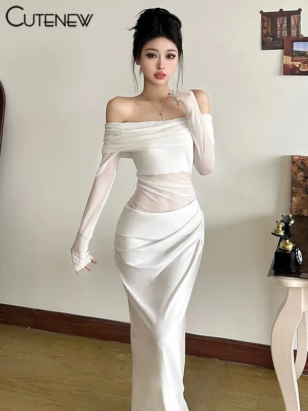 Cutenew-Vestido largo de malla fruncido para mujer, vestido Sexy transparente con hombros descubiertos y manga larga, vestido liso para fiesta de medianoche