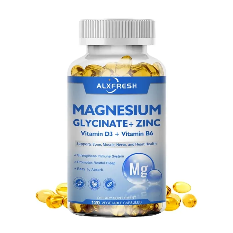 Γλυκινικό μαγνήσιο 500mg Κάψουλες Υψηλής Απορρόφησης με Ψευδάργυρο Βιταμίνη D3 B6 Υποστήριξη Συμπλήρωμα Διατροφής Ανακούφιση από Στρες & Άγχος