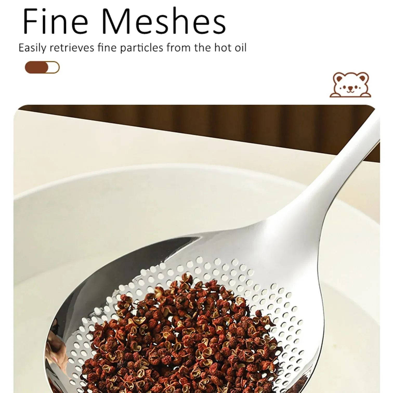 LFGB Certified Pure 304 Stainless Steel Kitchen Cooking Colander Ultra Thick 33cm Handle 12.5cm Head Sieve for Potato Frying — image 6