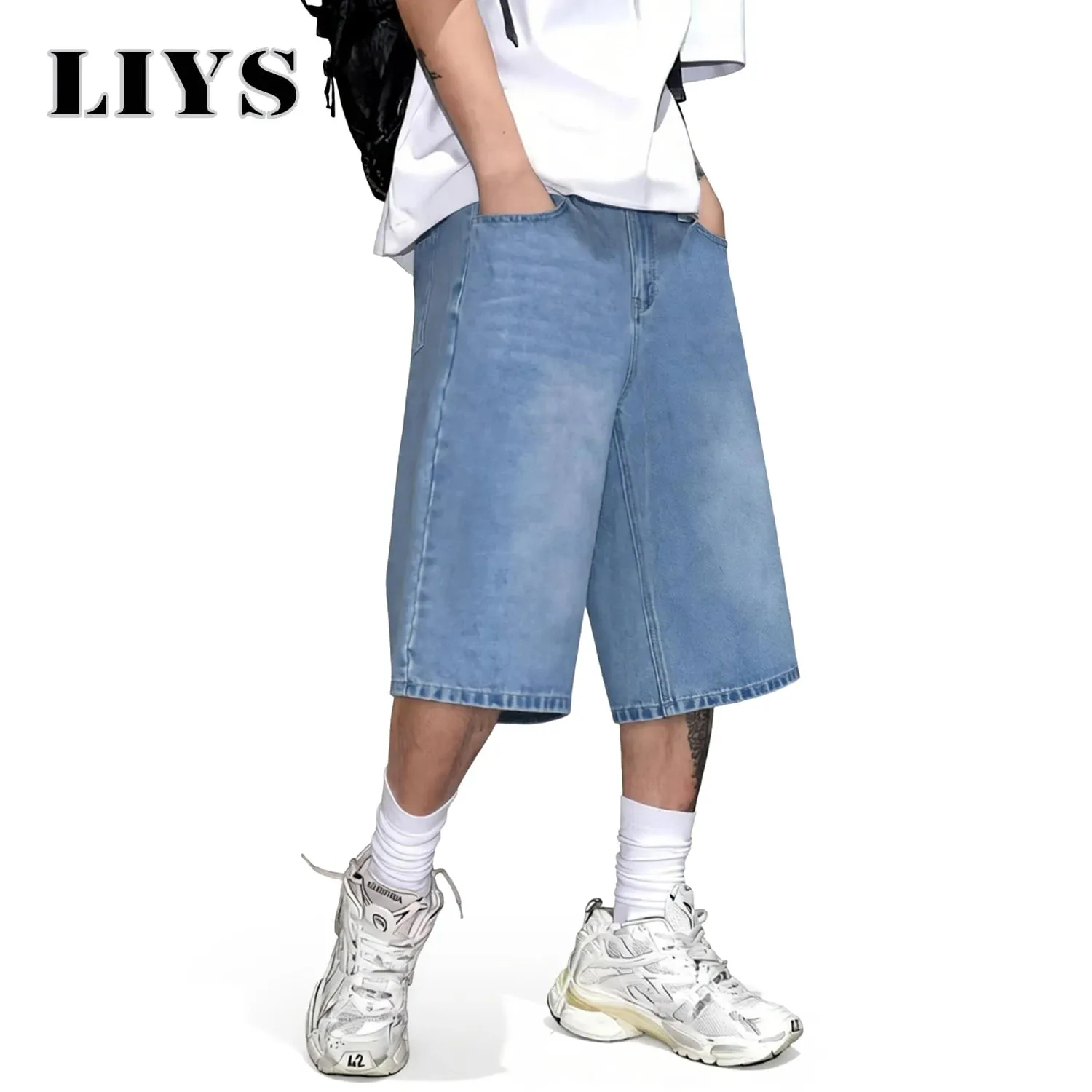 Men's Simple Light Blue Retro Ultra Baggy Wide-Leg Denim Shorts Student Youth Street Casual Oversized Baggy Jeans Unisex — image 4