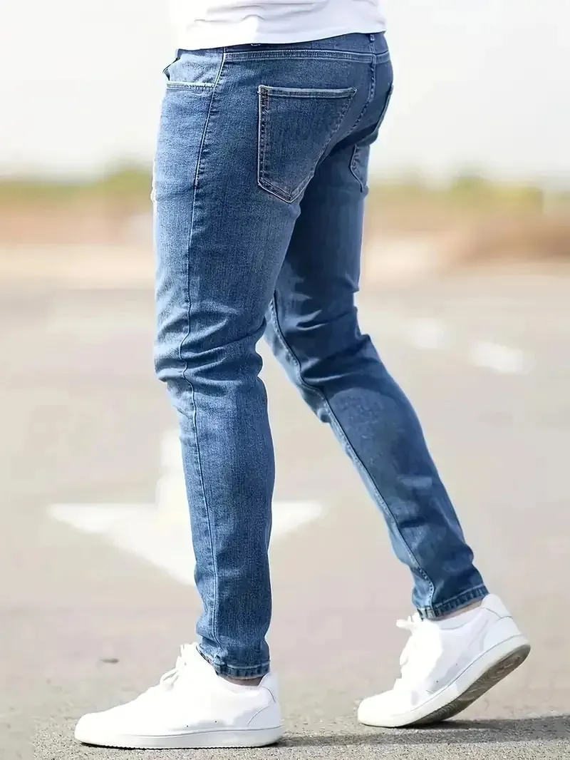 2026 New Fashion Men's Skinny Ripped Jeans Mid Waist Stretch Denim Pants Male's Slim Trousers with Pocket Casual Soft Streetwear — image 3