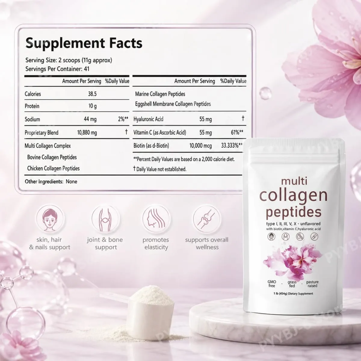 Poudre de Peptides multi-collagènes, 454g, mélange de collagène sans saveur, avec vitamine C, biotine, acide hyaluronique, Support pour la peau, les cheveux et les ongles — image 6