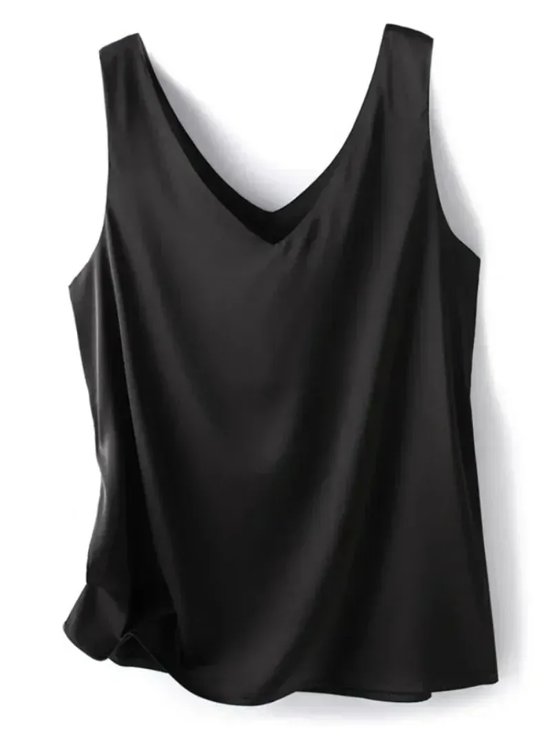 Woman T-shirts Elegant SILK Satin Blouse Sleeveless Female Summer Casual Loose Tanks and Camis Solid Green Tops for Women