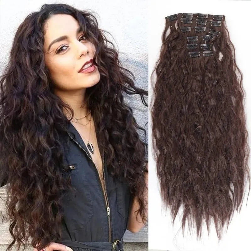 6PCS Clip In Hair Extensions 24" Black Brown Hair Extension Long Mermaid Waves Synthetic Clip On Hairpiece For Women — image 9