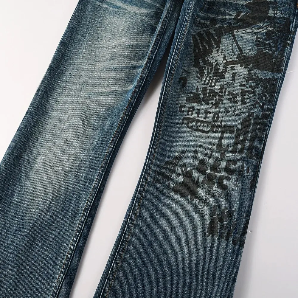 Men's Boot Cut Denim Jeans Slim Flared Pants Blue Stretch Long Trousers High-Quality Pattern Print — image 4