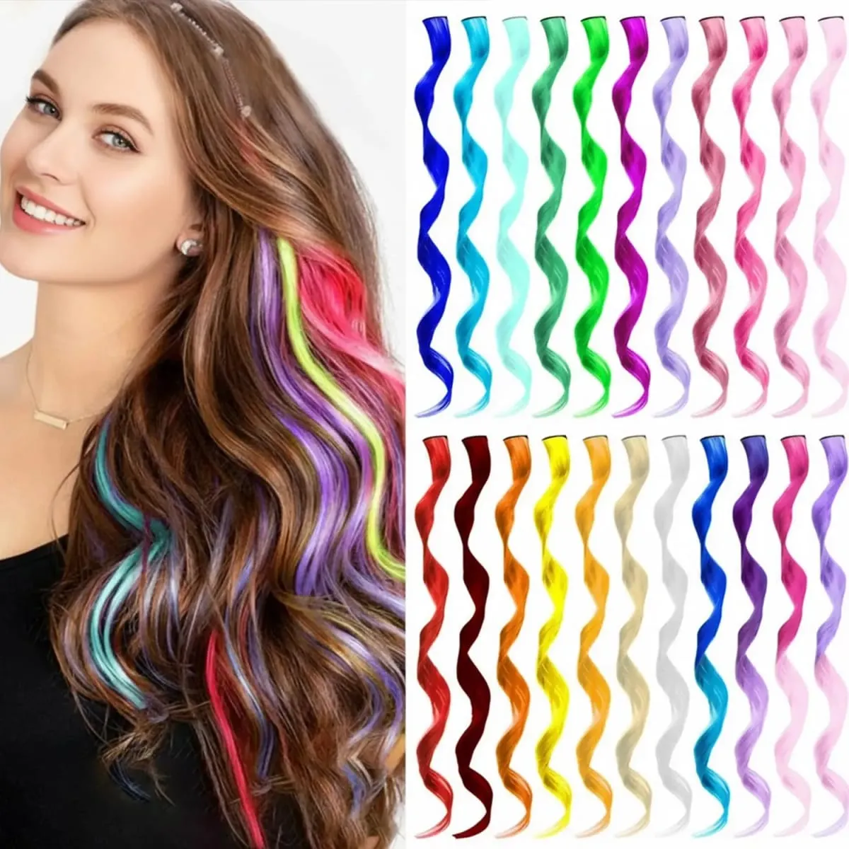 6 Pcs Black Hair Extensions 22 Inch Curly Wavy Colored Hair Colorful Clip in Extensions Highlight Party for Kids Girls Synthetic — image 2