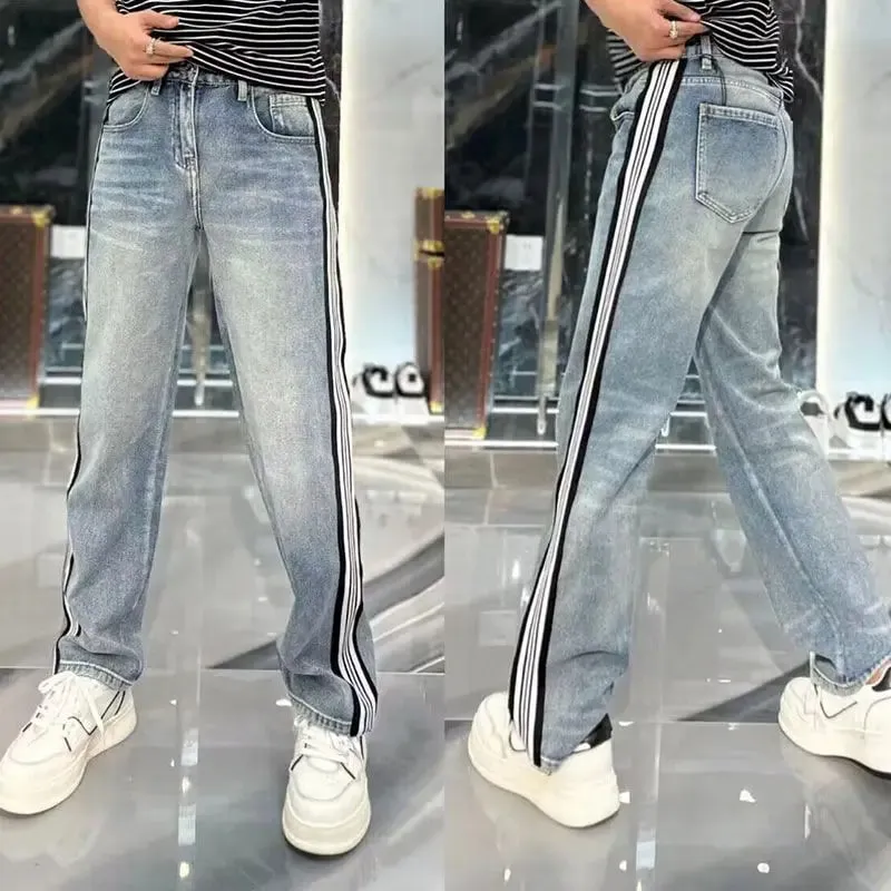 Pesado na moda 2025 marca de ferramentas jeans multi-bolso tendência masculina solta retro pequenos pés harlan retalhos carga calças retas — image 10