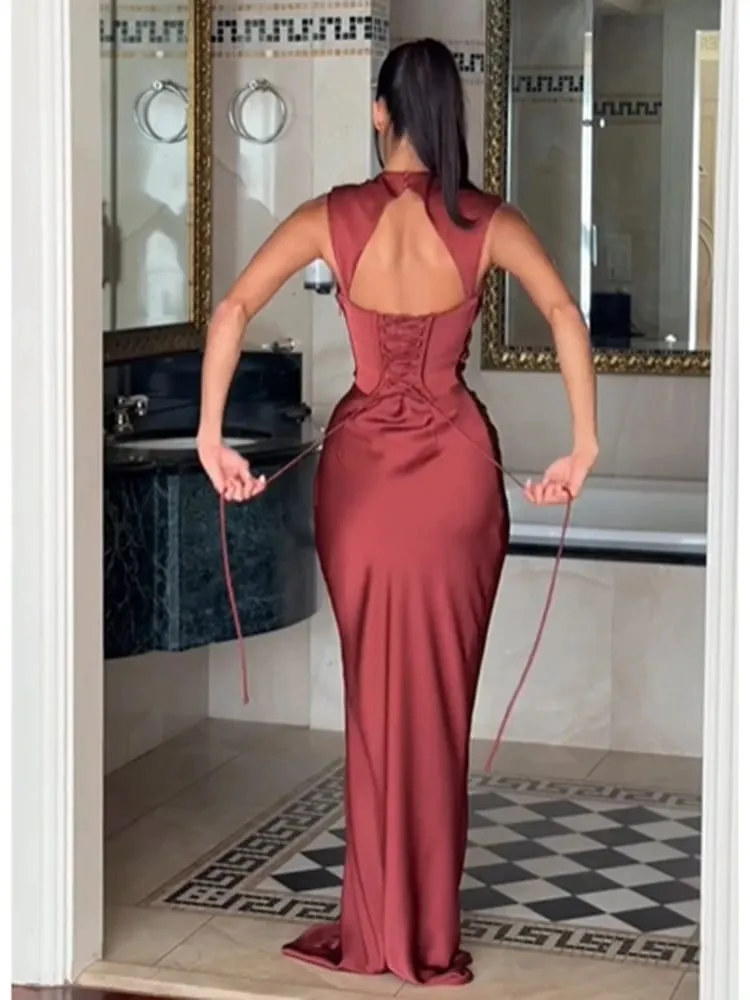 Ruched Waist Satin Long Dress Solid Bodycon Sleeveless Cowl Neck Fishtail Women Dresses 2026 Summer Lady Formal Evening Gowns — image 6