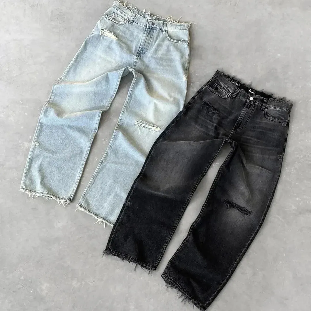 Straight Jeans Distressed Men Jean Ripped Holes Washed Denim Pants Ankle Length Loose Solid Zipper Fly Pockets Casual 2026 — image 2