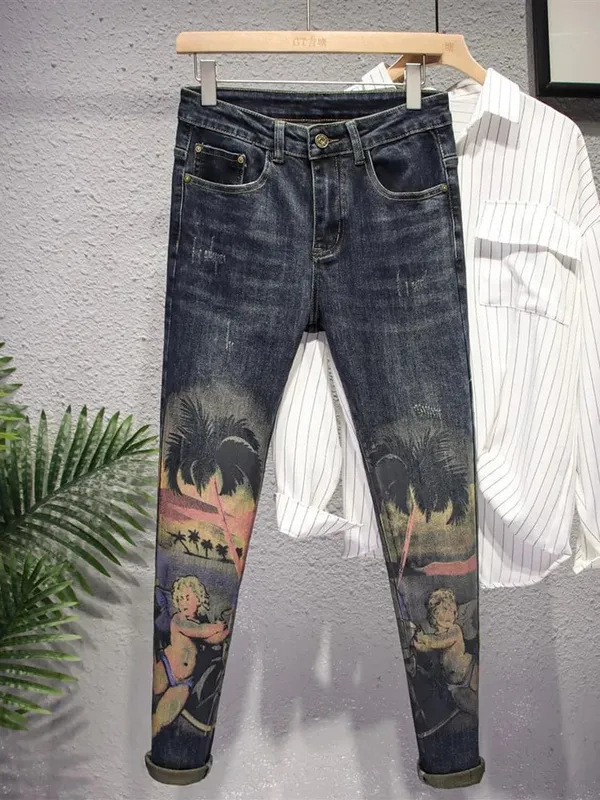 Spring and Autumn New Fashion Trend Printed Straight Leg Elastic Jeans For Men's Casual Retro Sports High-Quality Jeans 28-36 — image 6