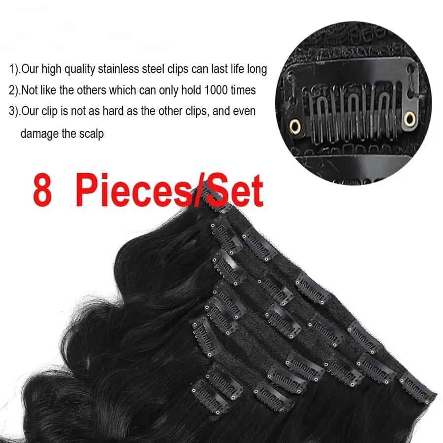 Body Wave Seamless Clip In Real Human Hair Extensions 8PC/Set Natural Brazilian Remy Hair Clip In Extension Full Head Remy Hair Clip Ins For Women Double Weft Afro Kinky Culy Hair Clips — image 4