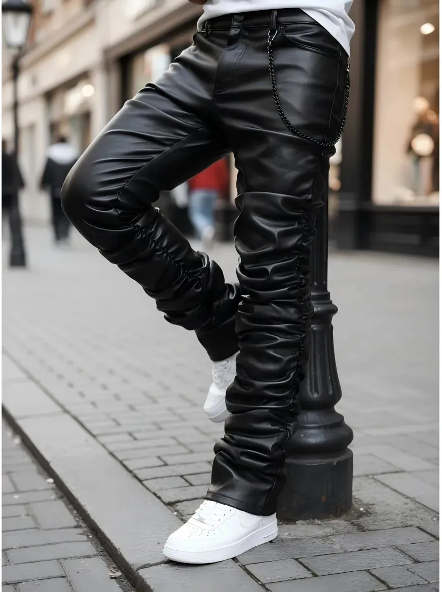 【HME】Men's Jeans | Black Wax Coated Denim Pants Faux‑Leather Look Stacked Ruched Denim Jeans For Men Full‑Length Wrinkle Pleat Design Tough Coated Denim Fabric Street‑Fashion Stacked Fit Male Trousers