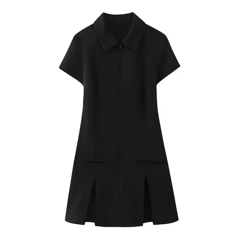 HH Summer Elegant Women Office Pleated Shirt Dress Short Sleeve Dresses Turn Down Collar Zipper Front Y2K Party Slim Mini Dress