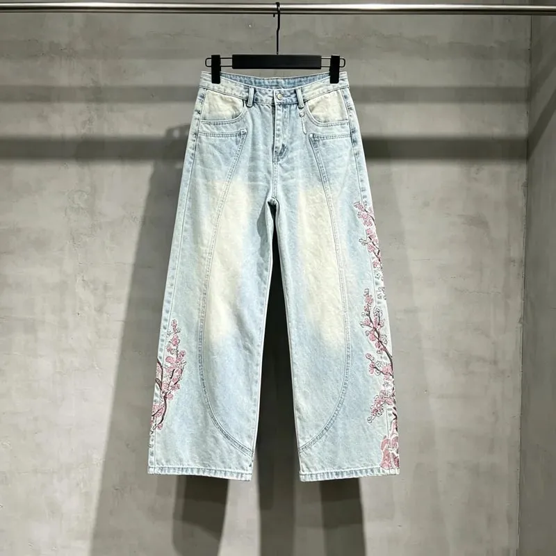 Blue Vescartes Cherry Blossom Knight Loose Straight Jeans High Quality Men Women Streetwear Fashion Denim Trousers Leather Label — image 2