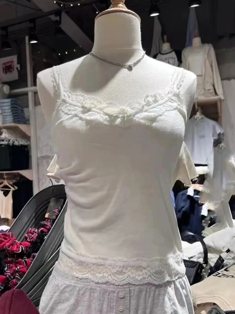 Süße Spitze Patchwork Schlank Tank Tops Frauen Sommer Weiß Sexy Einfache Baumwolle Weiche Ärmellose Westen Weibliche Vintage Chic Y2K Leibchen — image 2