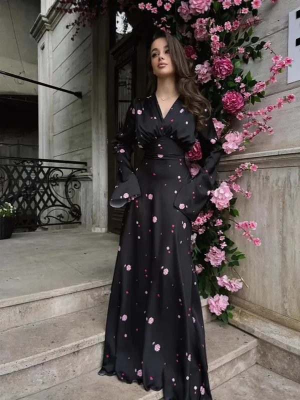 Organza Floral Printed Maxi Dress Fashion V-neck Puff Sleeve 2026 Spring/summer Romantic Women Party Gown Elegant Lady Vestidos — image 16