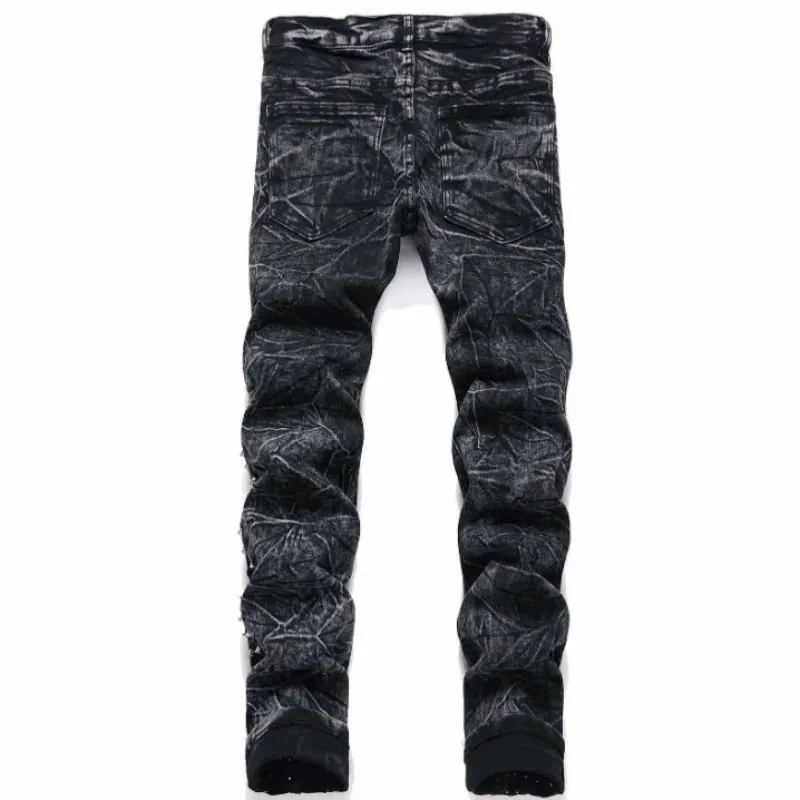2025 Empat Musim Baru Retro Punk High Street Bergaya Hitam Dicuci Lapuk Pelangsingan Badan dan Willow Nail Lapuk Seluar Jeans Lelaki