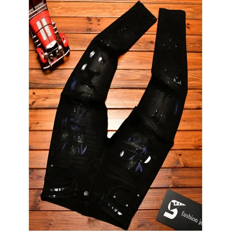 2025 Autumn American Fashion Black Jeans Men's Slim Fit Version with Piercing Patch Paint Printed Street Trendy Pants — image 4