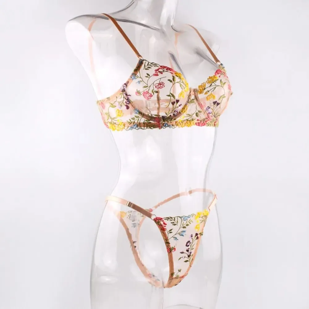 2-Piece Bohemia Floral Lingerie Set Sheer Embroidery Underwear Intimates Versatile Underwire Push-up Bra Panty Set For Lady Girl — image 2