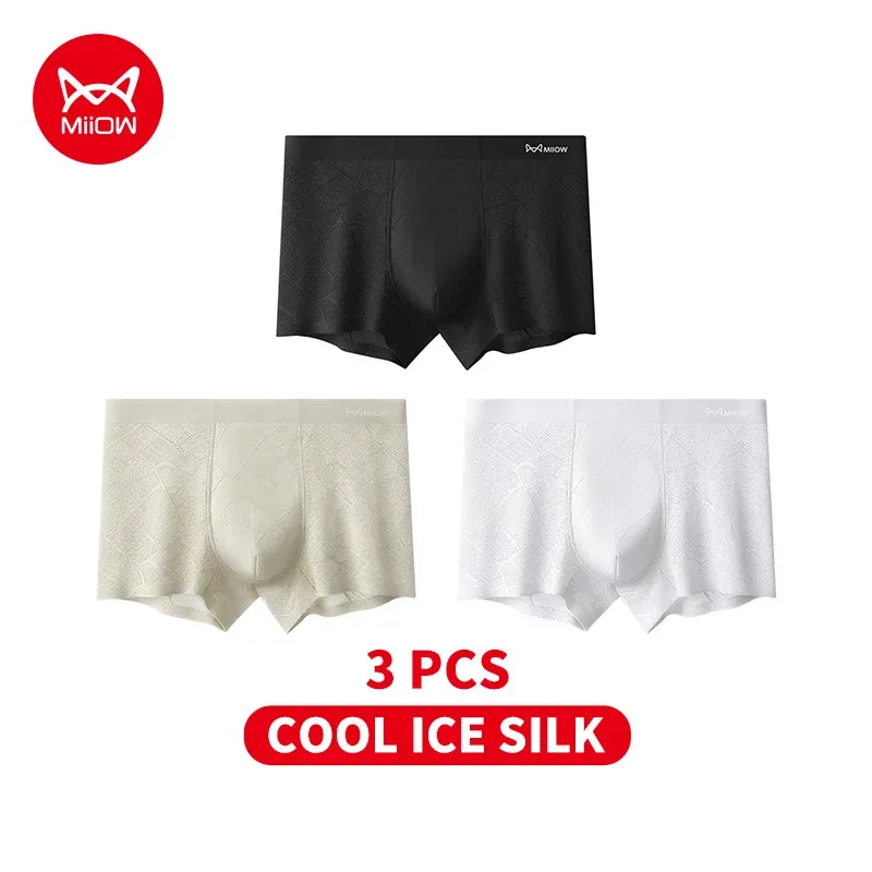MiiOW 3Pcs Hollow-out Ice Silk Men Underwear Boxers Silky Breathable Man Underpants 10A Antibacterial Crotch Men's Boxer Panties — image 23