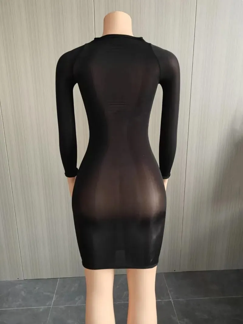Oil Shiny Seamless Body Stockings Bodycon Mini Dress Women See Through O Neck Long Sleeve High Stretch Silky Glossy Clubwear — image 6