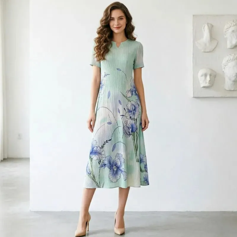 Miyake Ink Print Short Sleeve Dresses 2026 Summer New Short Sleeve Elegant Artistic Fashion Draped Elastic Women's Pleated Dress — image 1
