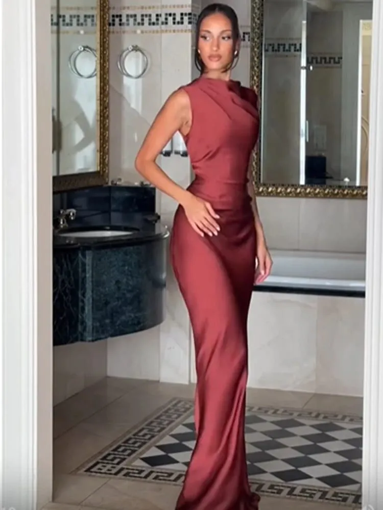 Ruched Waist Satin Long Dress Solid Bodycon Sleeveless Cowl Neck Fishtail Women Dresses 2026 Summer Lady Formal Evening Gowns — image 5