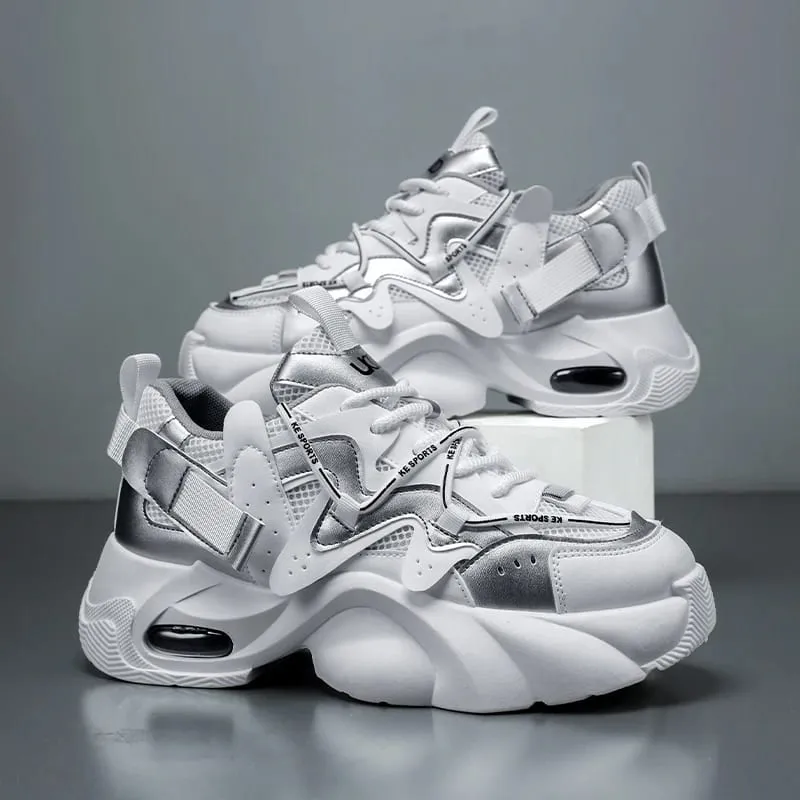 Men's Casual Sneakers with Large Mesh Breathable Upper Metallic Texture and Contrasting Color Stitching and Trendy Webbing Accents. Thick Air-Cushioned Soles Provide Both Height Increase and Shock Absorption Making Them Suitable for Street
