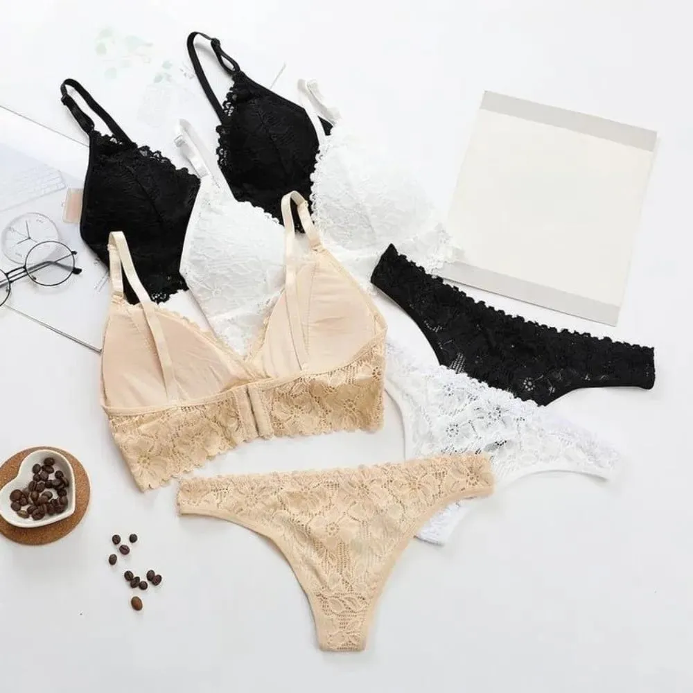 Sweet V Neck Lace Flower Bra Set Thong Solid Color Floral Panties Bra Kit Transparent Lingerie Lace Underwear Women — image 2