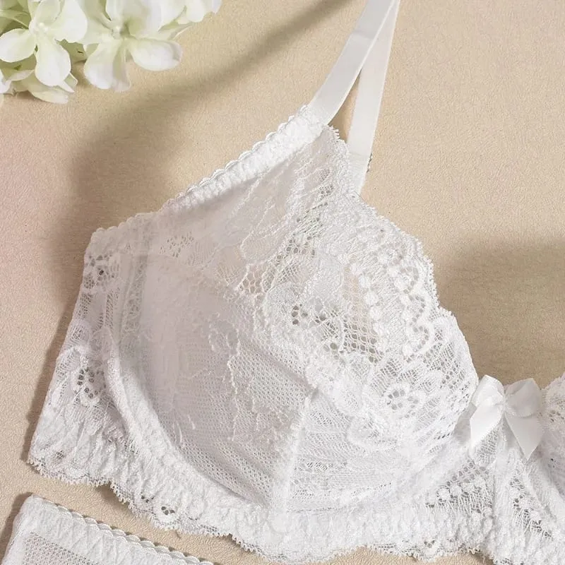 Elegant Women's Lingerie Sets Delicate Floral Embroidery Lace Bra Thong Garter Belts 3PC See Through Sexy Underwear Erotic Sets