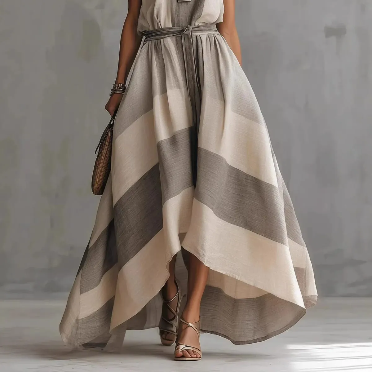 Summer New Irregular Maxi Dresses Women's Fashion O Neck Striped Sleeveless Big Hem Dress Casual Solid Loose Party Beach Dress — image 4