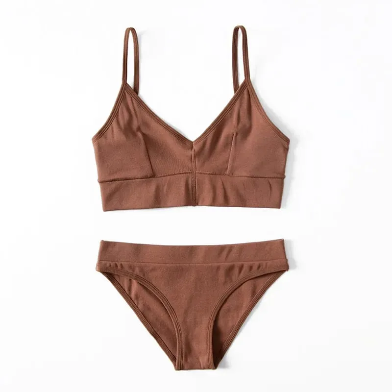 Set Bralette Nirkabel Berusuk Warna Solid Bra Kamisol Tali Tipis Wanita dengan Celana Dalam Segitiga Lingerie — image 6