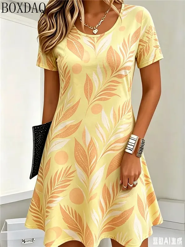 Casual Summer Women's Dresses Loose Short Sleeve Round Neck Leaf Pattern Printed Dress — image 9