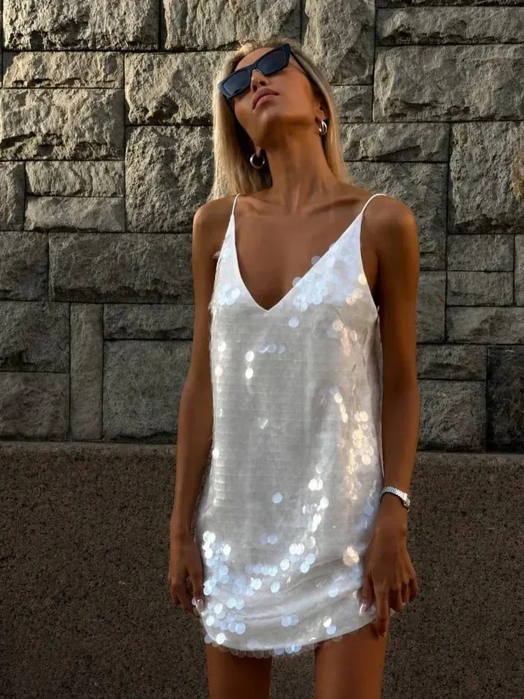 2026 Women White Sequins Mini Dress Sexy Deep V-neck Spaghetti Strap Loose Vestido New Fashion Summer Club Party Evening Dresses — image 4