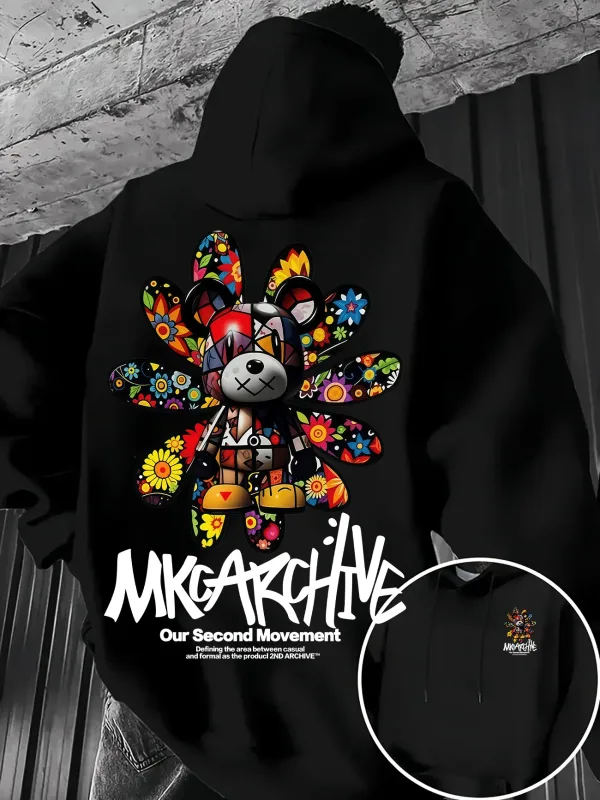 Men's Casual Hooded Sweatshirt – Colorful Floral Bear Graffiti Print Pullover Warm Street-Style Top for Autumn/Winter
