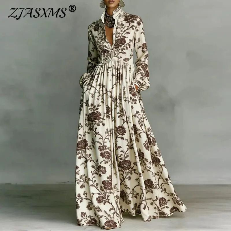 Robe plissée taille haute pour femme, motif rétro imprimé, col chemise, poches boutonnées, Maxi, manches longues, style Boho, vacances, printemps — image 2