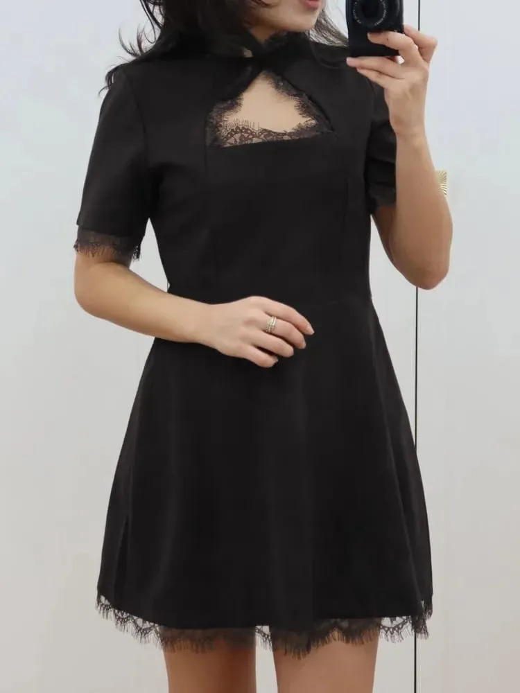 Tossy Black Lace Hollow Out Mini Dress Female Patchwork Short Sleeve Sexy High Waist Party Dress Women's Casual Printed Dress — image 5